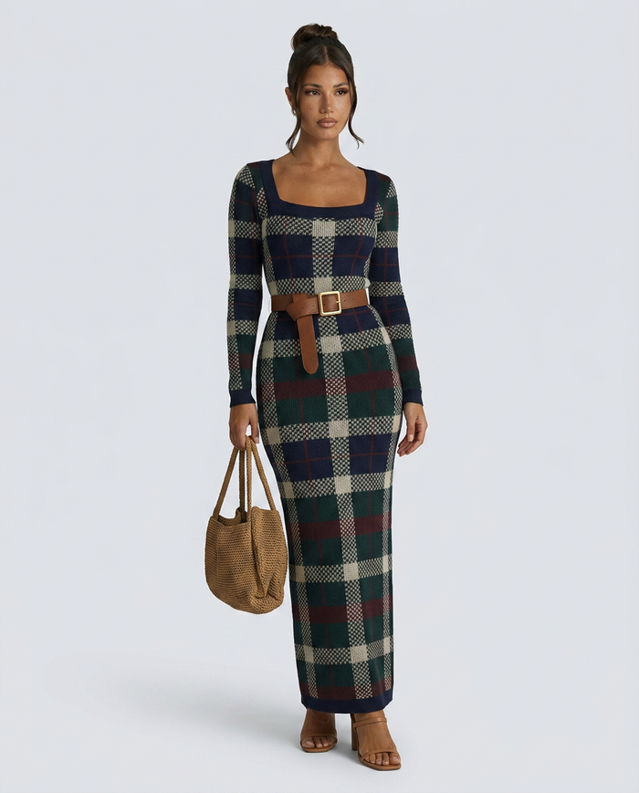 Jerry | Check Knit Maxi Dress with Belted Waist