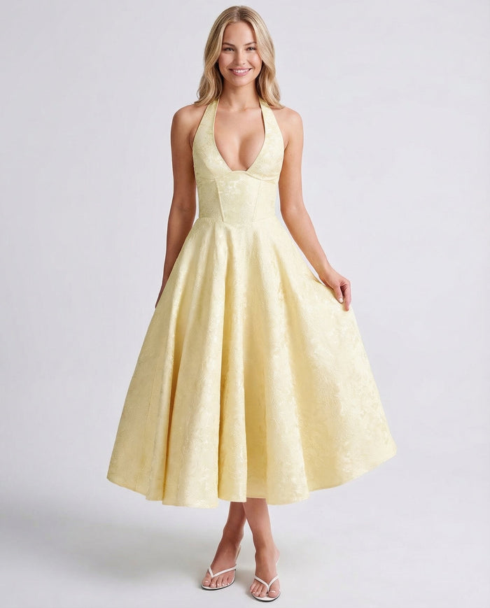 Sheryl | Midi Dress with Halter Neck and Jacquard Finish
