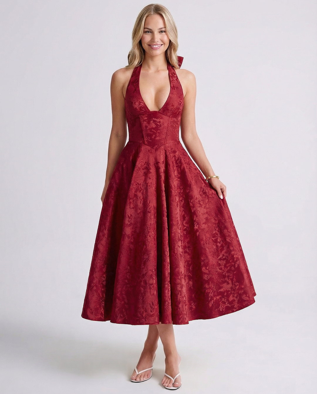 Sheryl | Midi Dress with Halter Neck and Jacquard Finish