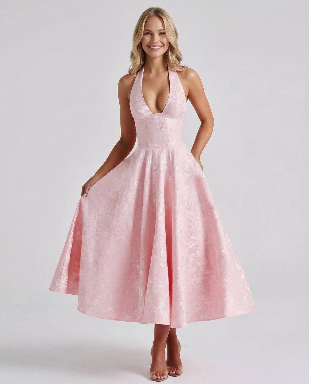 Sheryl | Midi Dress with Halter Neck and Jacquard Finish