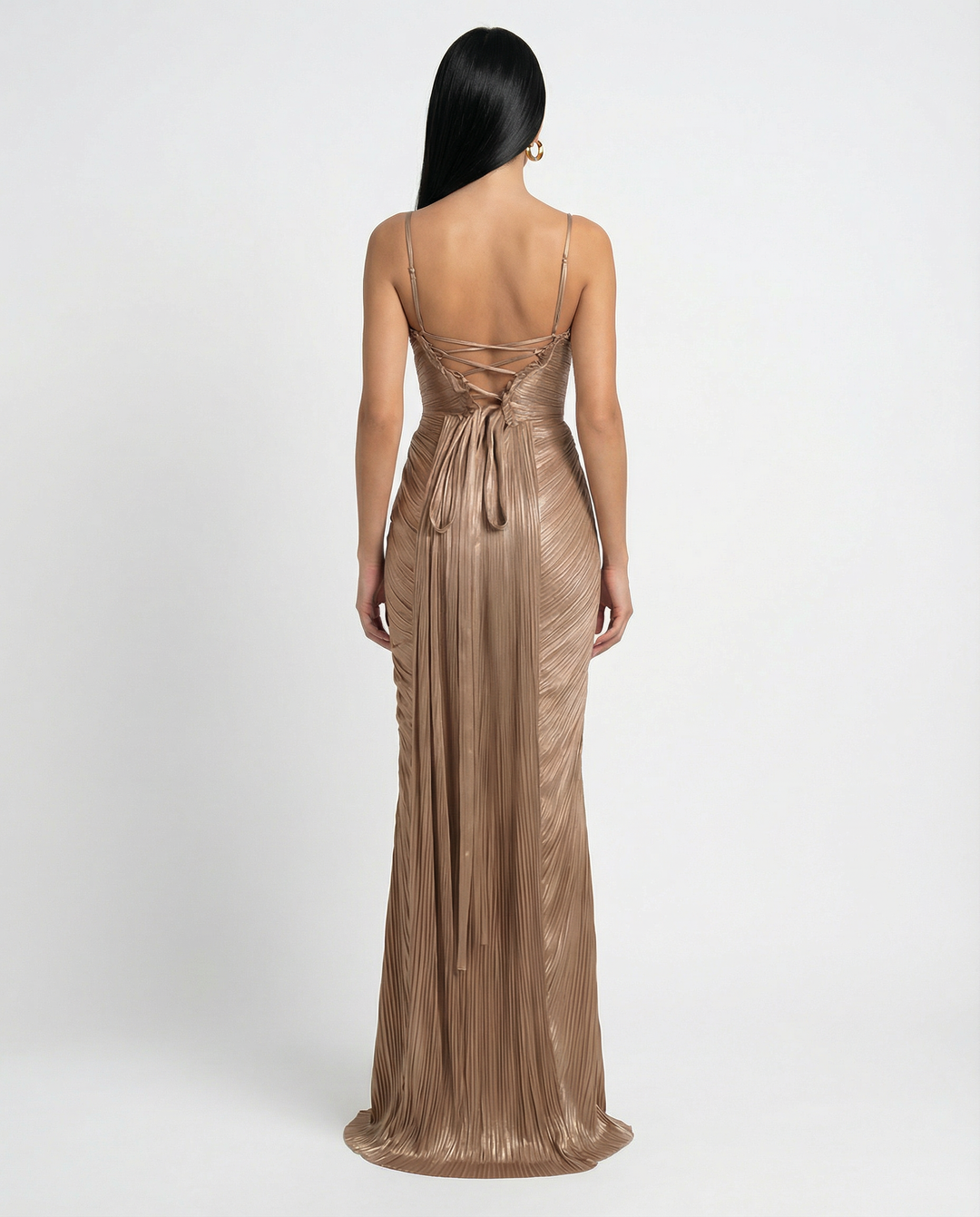 Stella | Gold Glossy Pleated Corset Maxi Dress