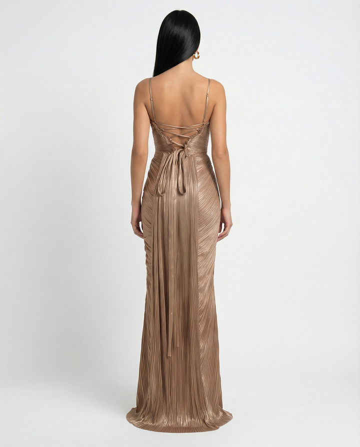 Stella | Gold Glossy Pleated Corset Maxi Dress