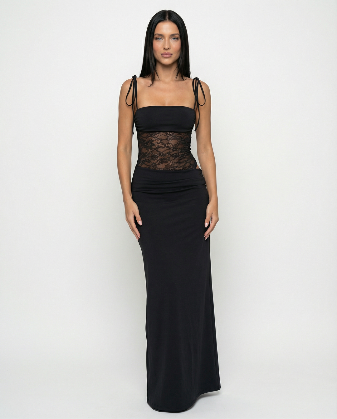 Leah | Lace Panel Tie-Shoulder Maxi Dress