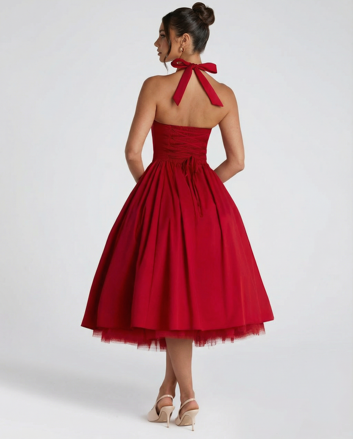 Lena | Midi Halter Neck Lace-Up Back Dress