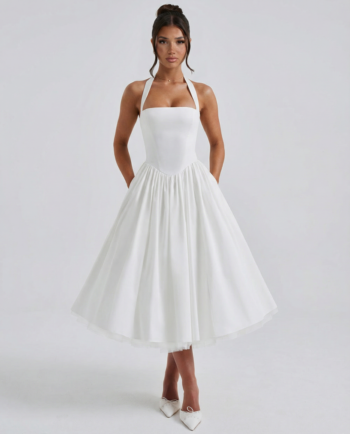 Lena | Midi Halter Neck Lace-Up Back Dress