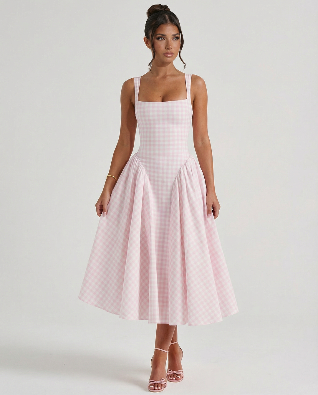 Francesca | Midi Dress with Gingham Corset and Square Neck