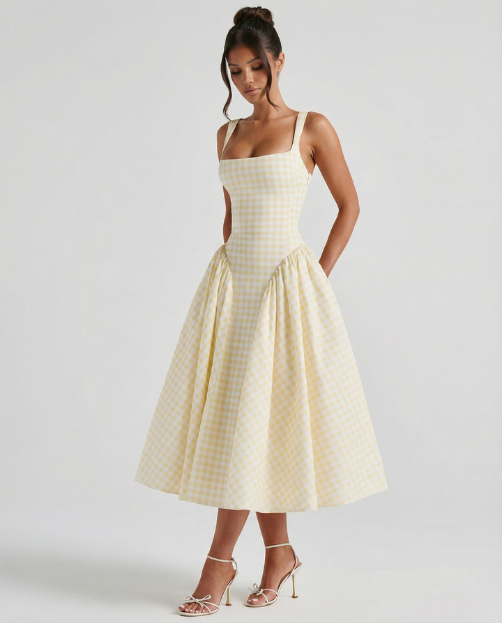 Francesca | Midi Dress with Gingham Corset and Square Neck