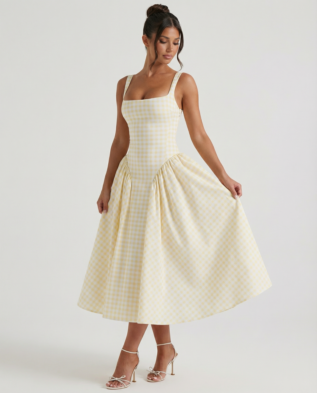 Francesca | Midi Dress with Gingham Corset and Square Neck