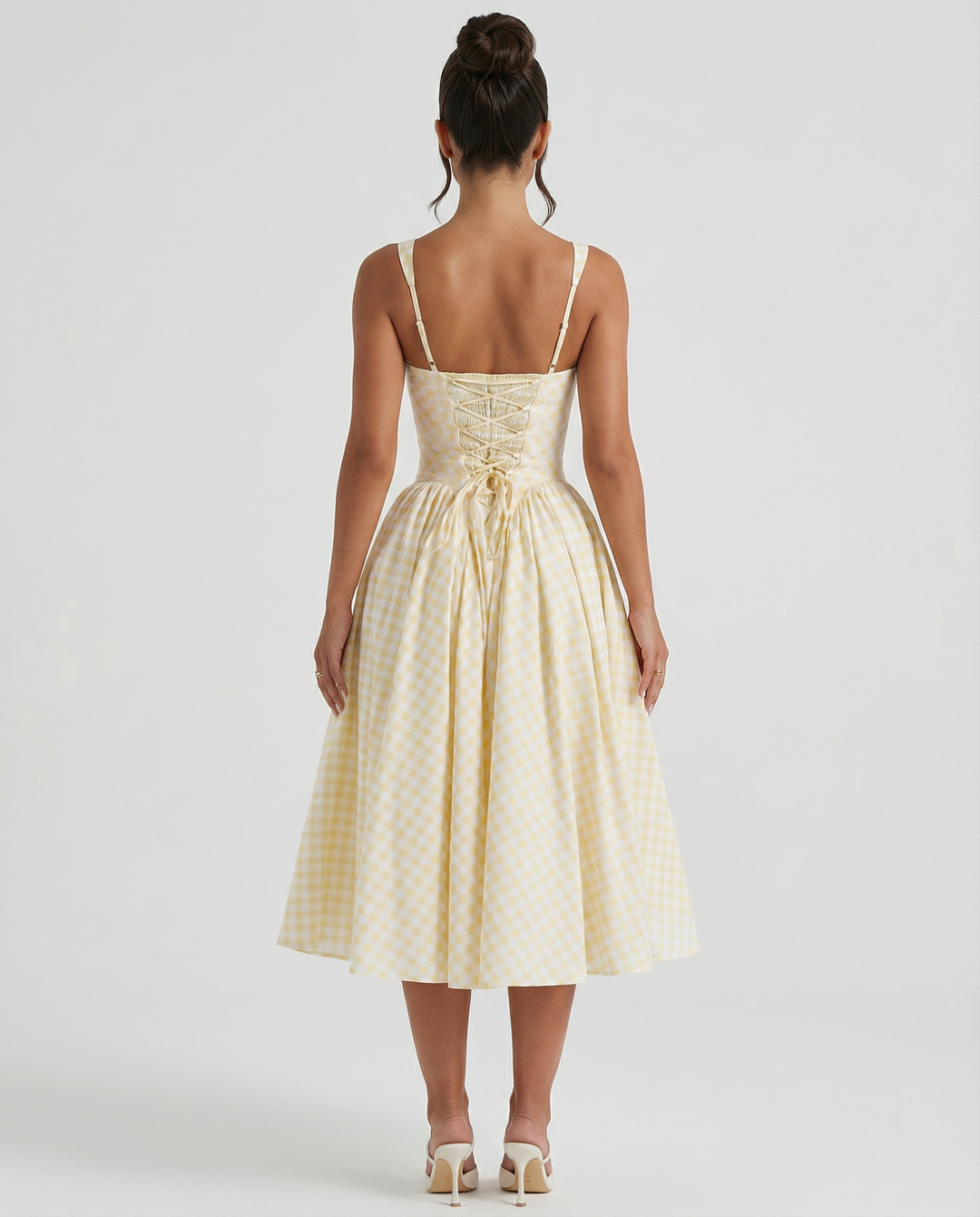 Francesca | Midi Dress with Gingham Corset and Square Neck