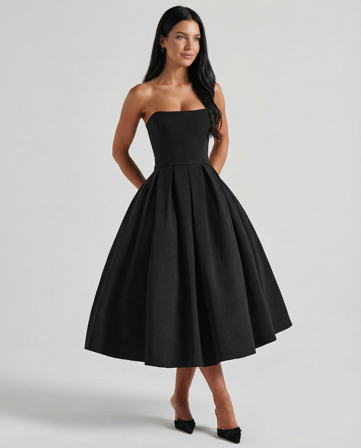 Ainsley | Midi Dress with Strapless Full Skirt