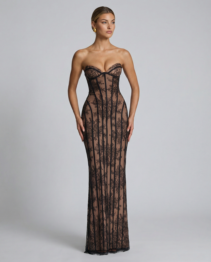 Catherine | Maxi Dress with Sheer Lace Corset and Lace-Up Back
