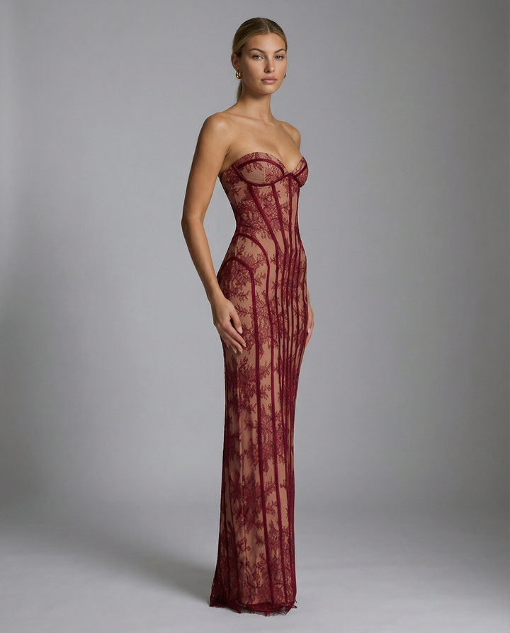 Catherine | Maxi Dress with Sheer Lace Corset and Lace-Up Back