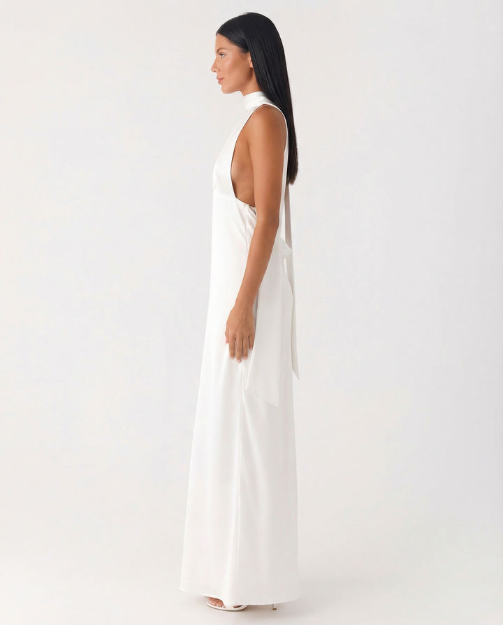 Jayne | Low V Neck Cowl Back Satin Halter Maxi Dress
