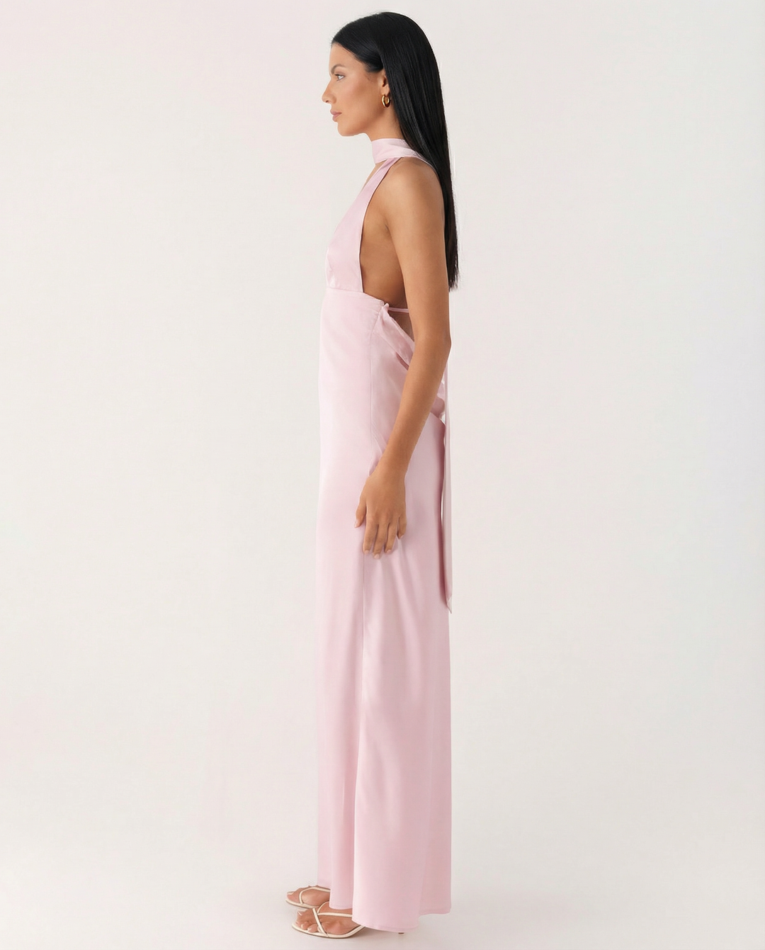 Jayne | Low V Neck Cowl Back Satin Halter Maxi Dress