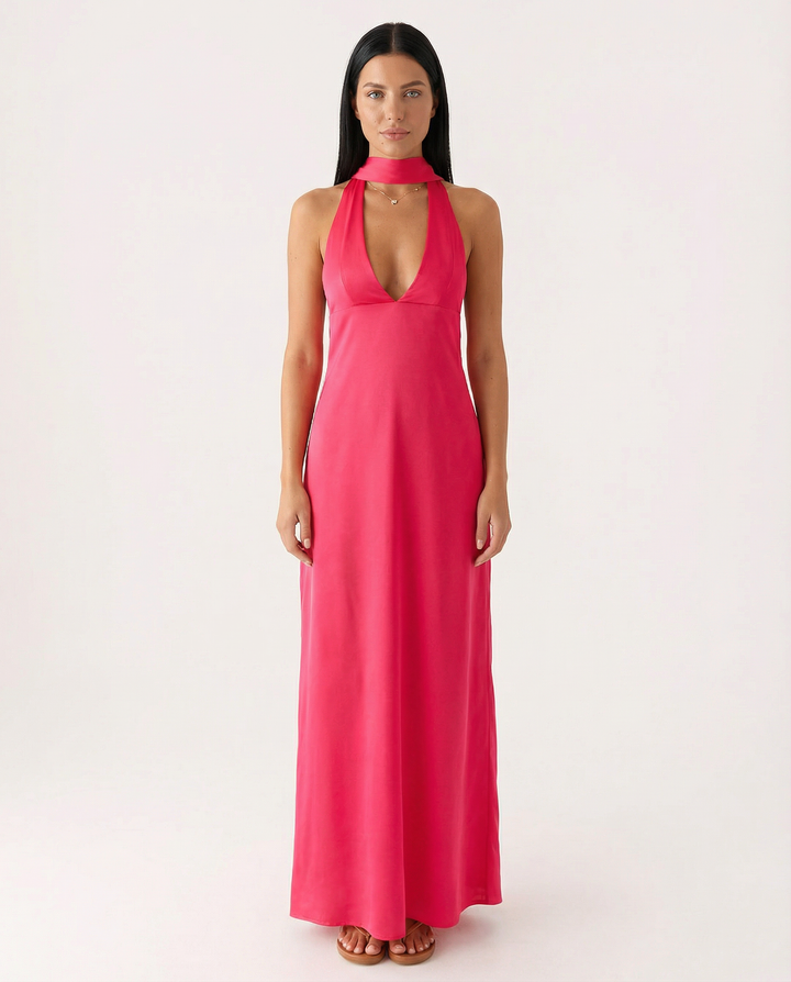 Jayne | Low V Neck Cowl Back Satin Halter Maxi Dress