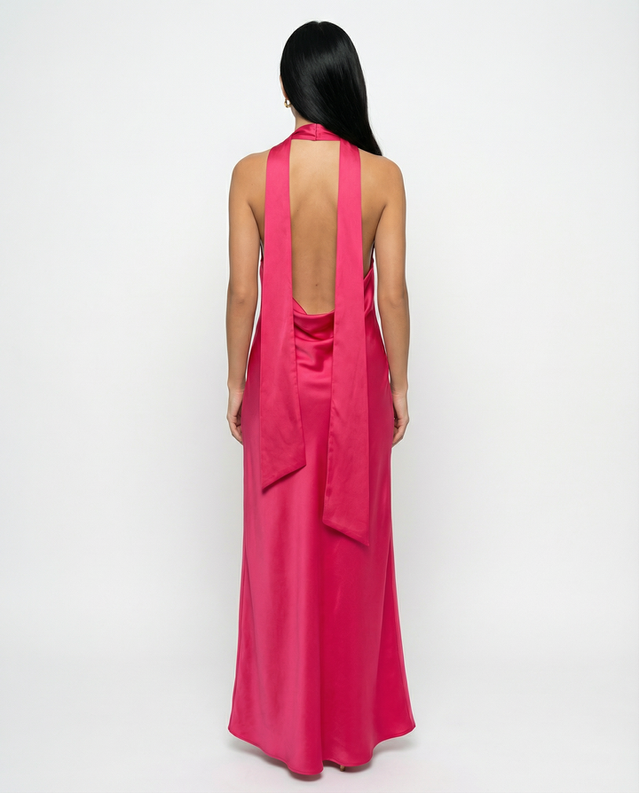 Jayne | Low V Neck Cowl Back Satin Halter Maxi Dress