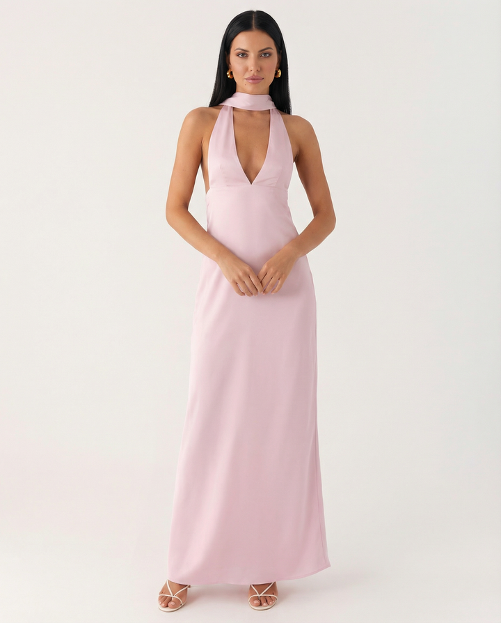 Jayne | Low V Neck Cowl Back Satin Halter Maxi Dress