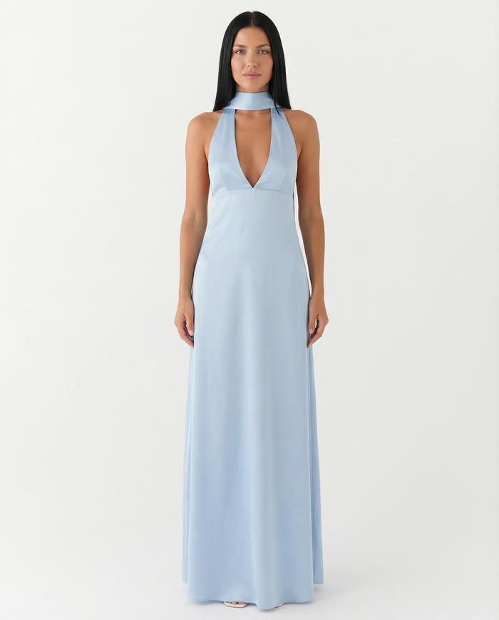 Jayne | Low V Neck Cowl Back Satin Halter Maxi Dress
