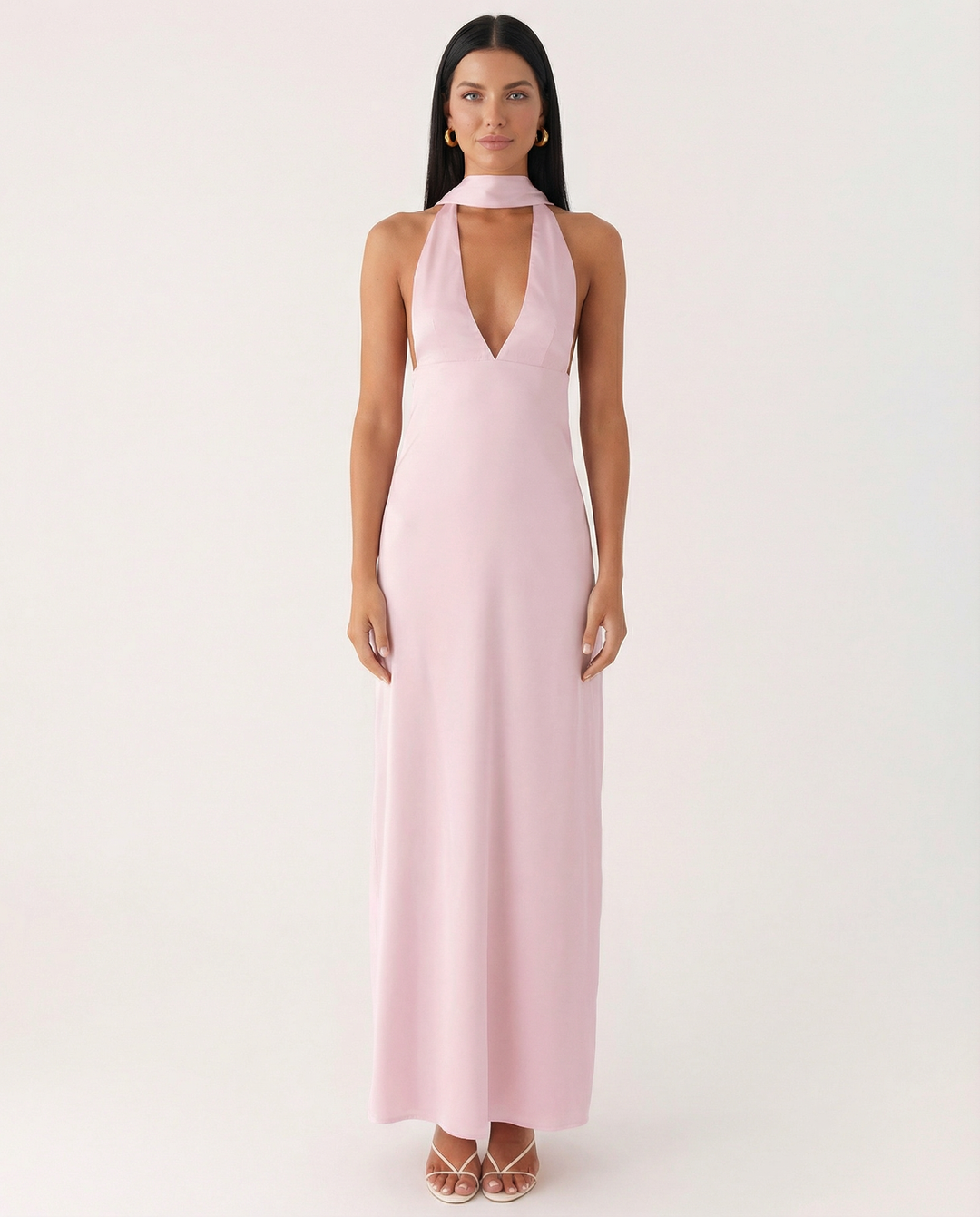 Jayne | Low V Neck Cowl Back Satin Halter Maxi Dress