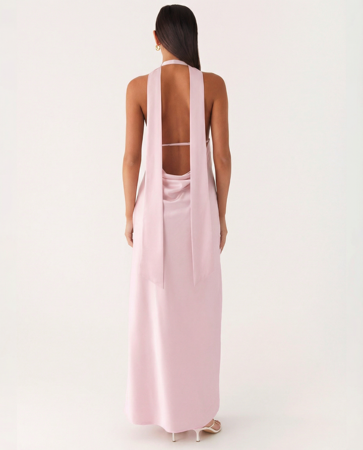 Jayne | Low V Neck Cowl Back Satin Halter Maxi Dress