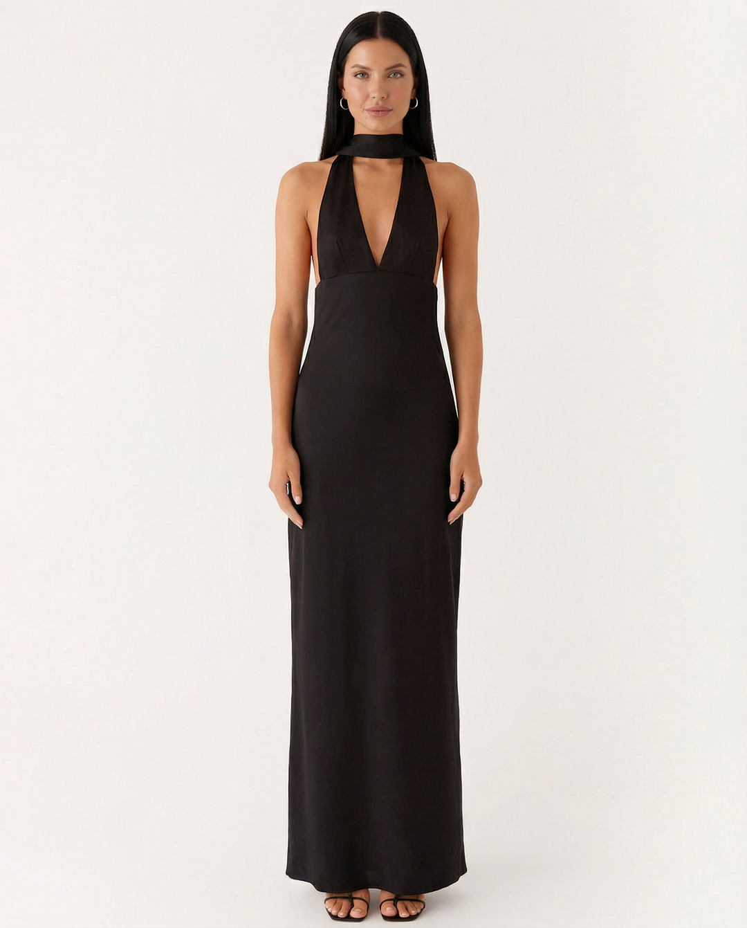 Jayne | Low V Neck Cowl Back Satin Halter Maxi Dress