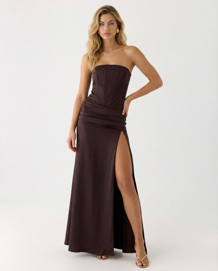 Graciela | Corset Bodice Ruched Satin Maxi Dress