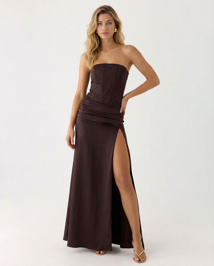 Graciela | Corset Bodice Ruched Satin Maxi Dress