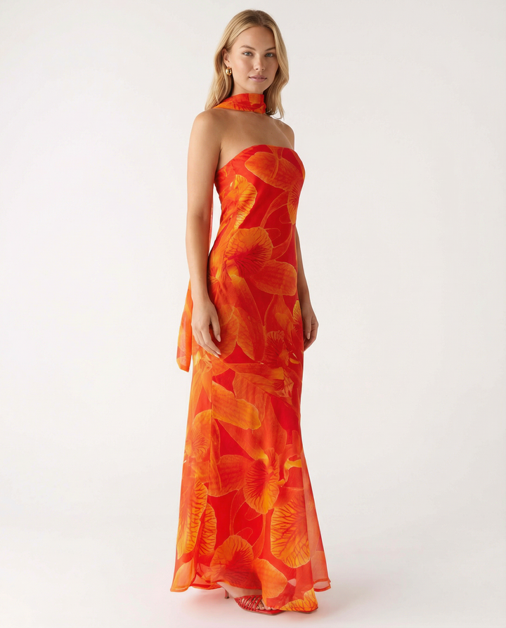 Shelia | Floral Chiffon Maxi Dress with Matching Scarf