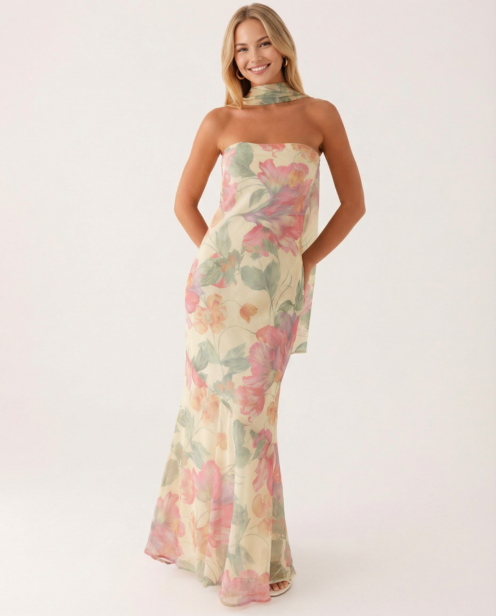Shelia | Floral Chiffon Maxi Dress with Matching Scarf