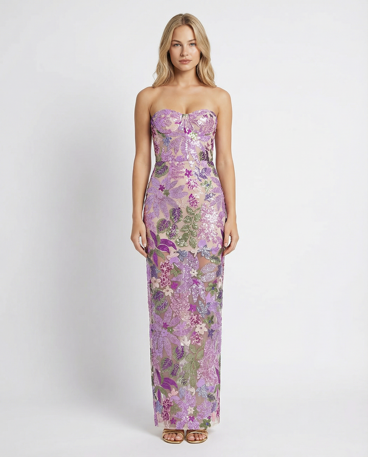 Mindy | Strapless Floral Sequin Maxi Dress