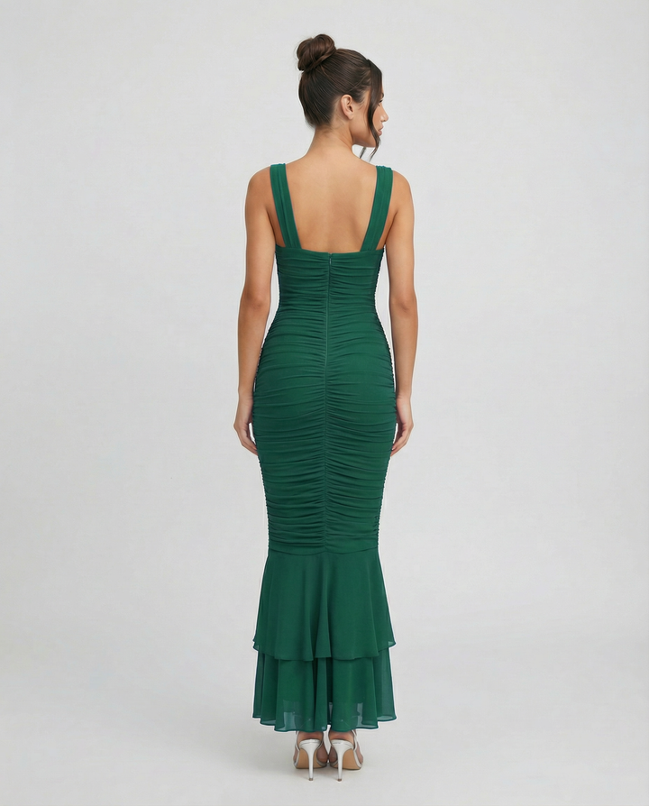 Laverne | Ruched Fishtail Maxi Dress with V-Wire Bust