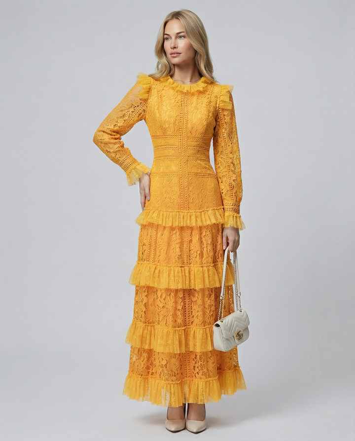 Rebekah | Lace Maxi Dress with Long Sleeves and Tiered Ruffles
