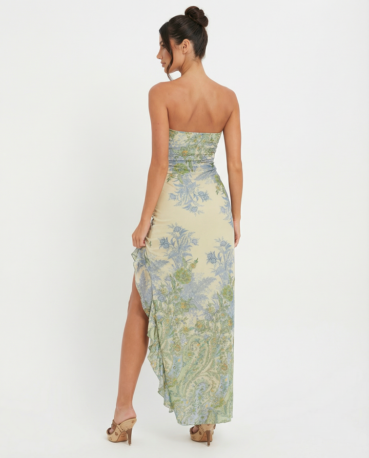 Mae | Strapless Mesh Maxi Dress with High Slit and Asymmetric Hem