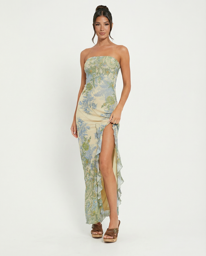 Mae | Strapless Mesh Maxi Dress with High Slit and Asymmetric Hem