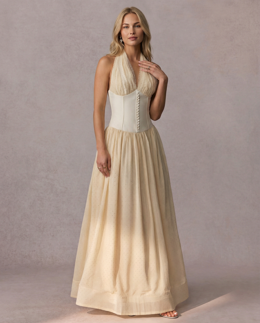Vivien | Halterneck Maxi Dress with Tulle Overlay