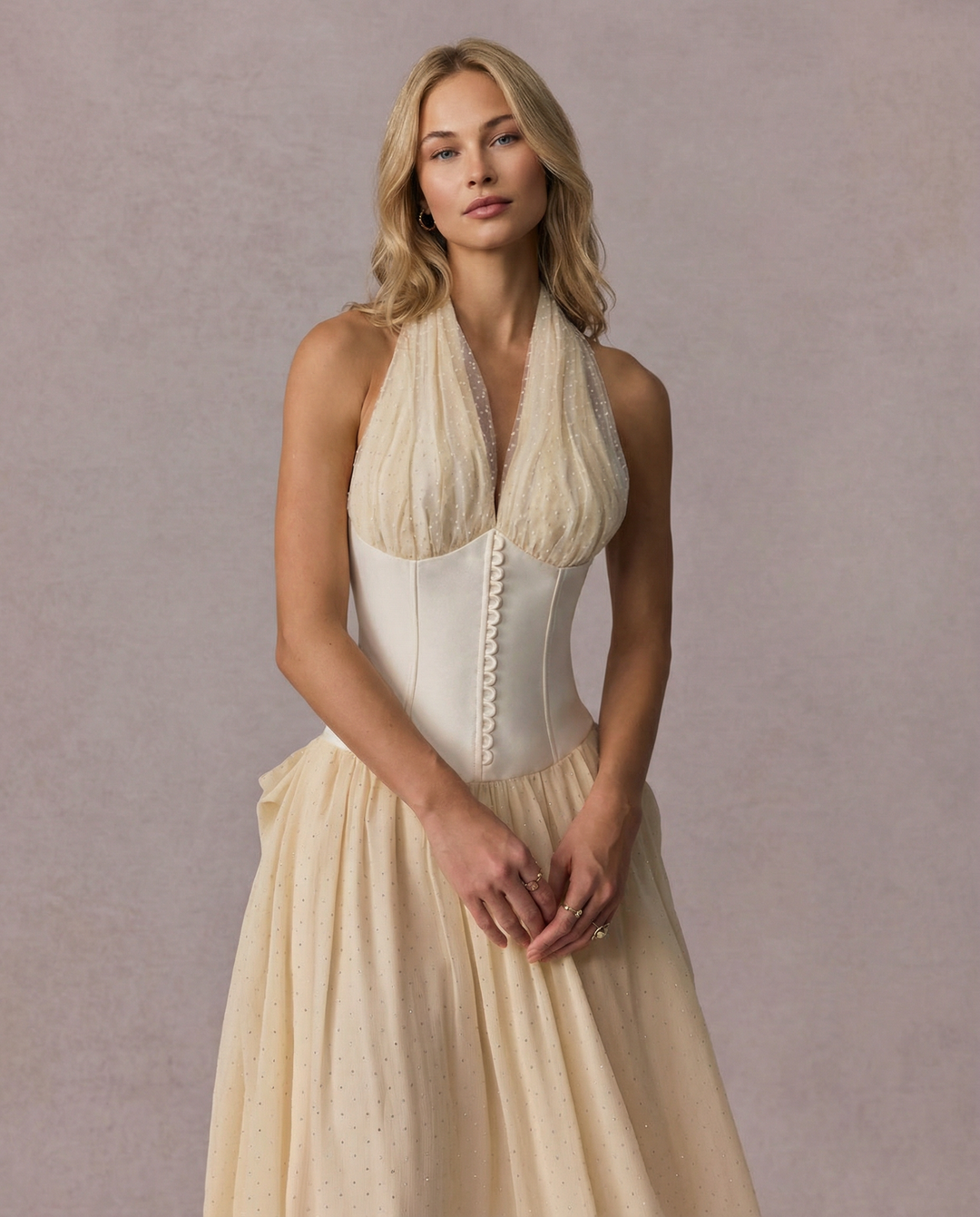 Vivien | Halterneck Maxi Dress with Tulle Overlay