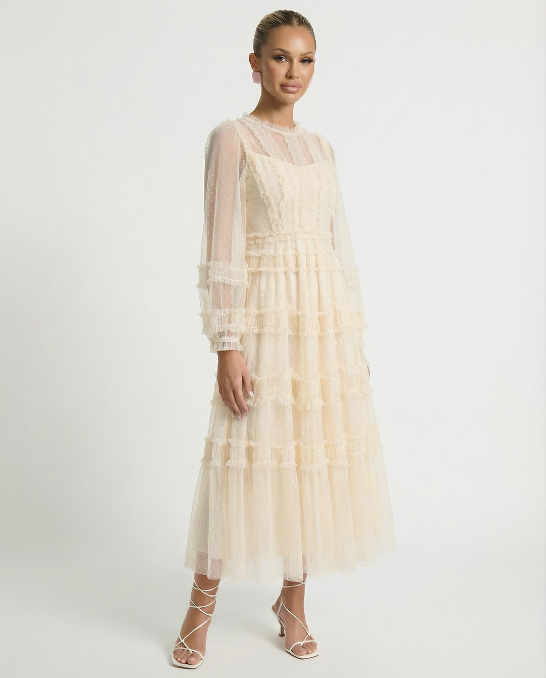 Celia | Midi Dress with Sheer Long Sleeves