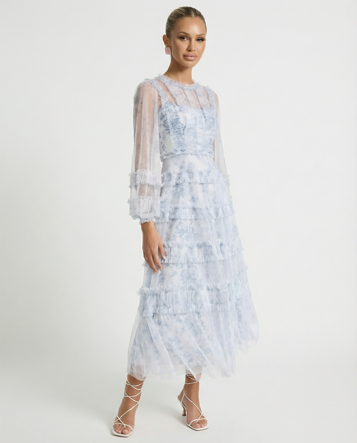 Celia | Midi Dress with Sheer Long Sleeves