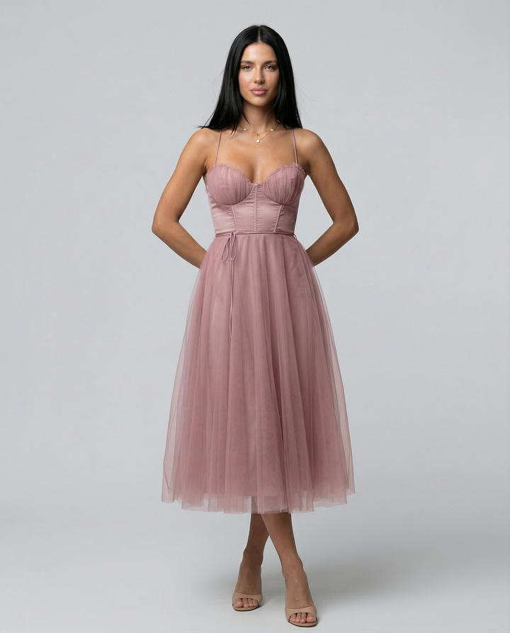Lourdes | Tulle Midi Dress with Corset Bodice