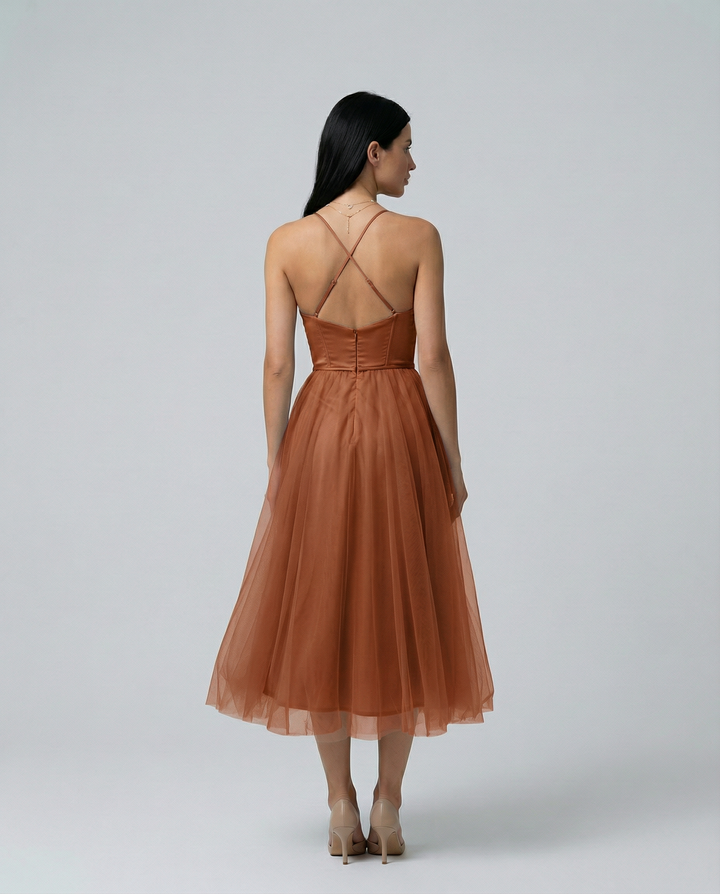 Lourdes | Tulle Midi Dress with Corset Bodice
