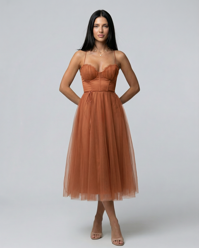 Lourdes | Tulle Midi Dress with Corset Bodice