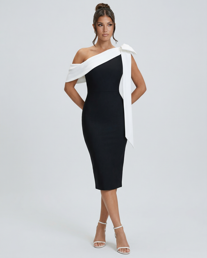 Elza | One Shoulder Midi Bandage Dress with Bow Detail