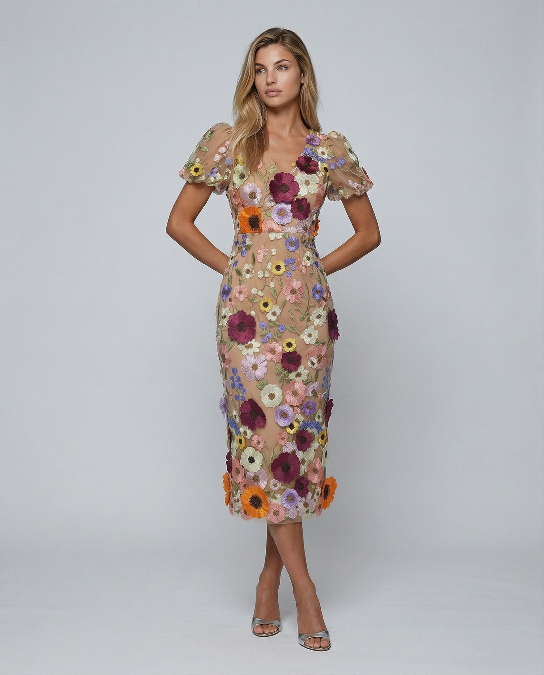 Bernice | V Neck Floral Embroidered Midi Dress