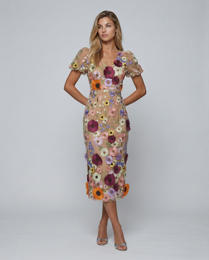 Bernice | V Neck Floral Embroidered Midi Dress