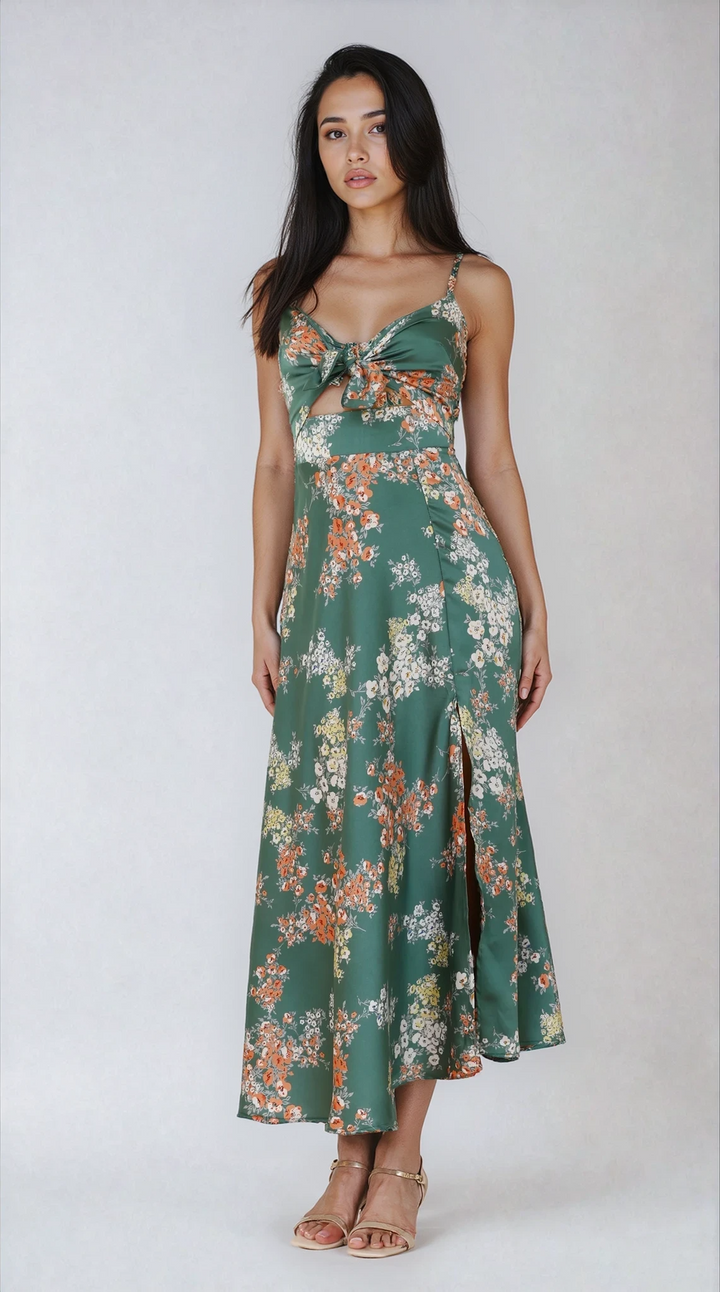 Elora | Floral Midi Dress with Front Slit