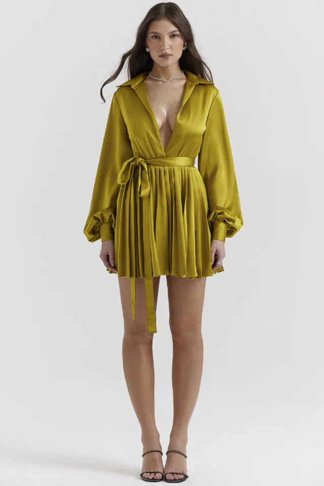Irene | Pleated Mini Shirt Dress with Waist Tie