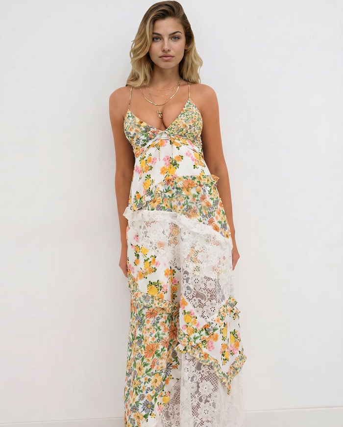 Gena | Maxi Dress with Floral Print and Lace Panels
