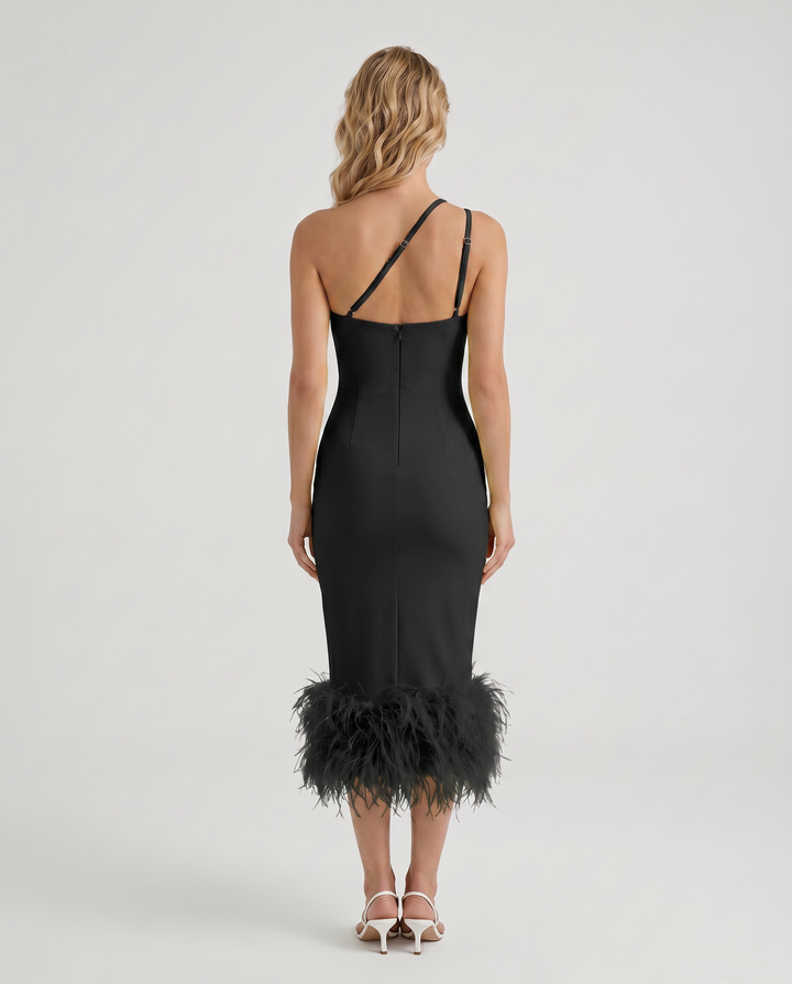 Alyssa | Midi Dress with Feather Hem and One Shoulder Strap