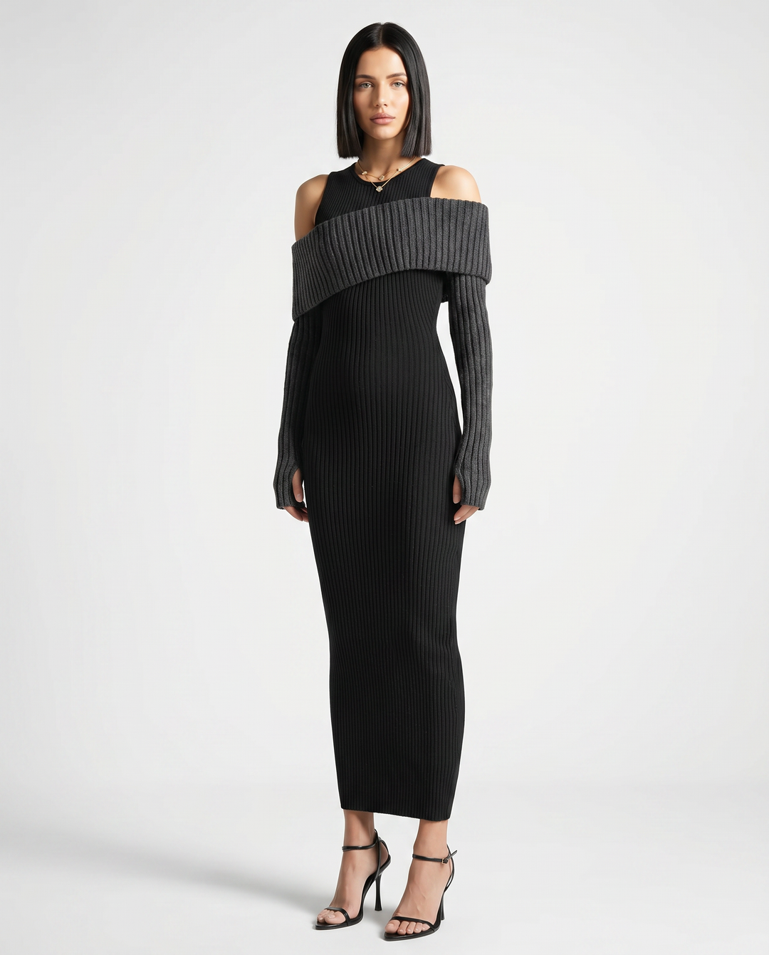 Marisa | Midi Dress with Ribbed Knit and Cold Shoulder Detail