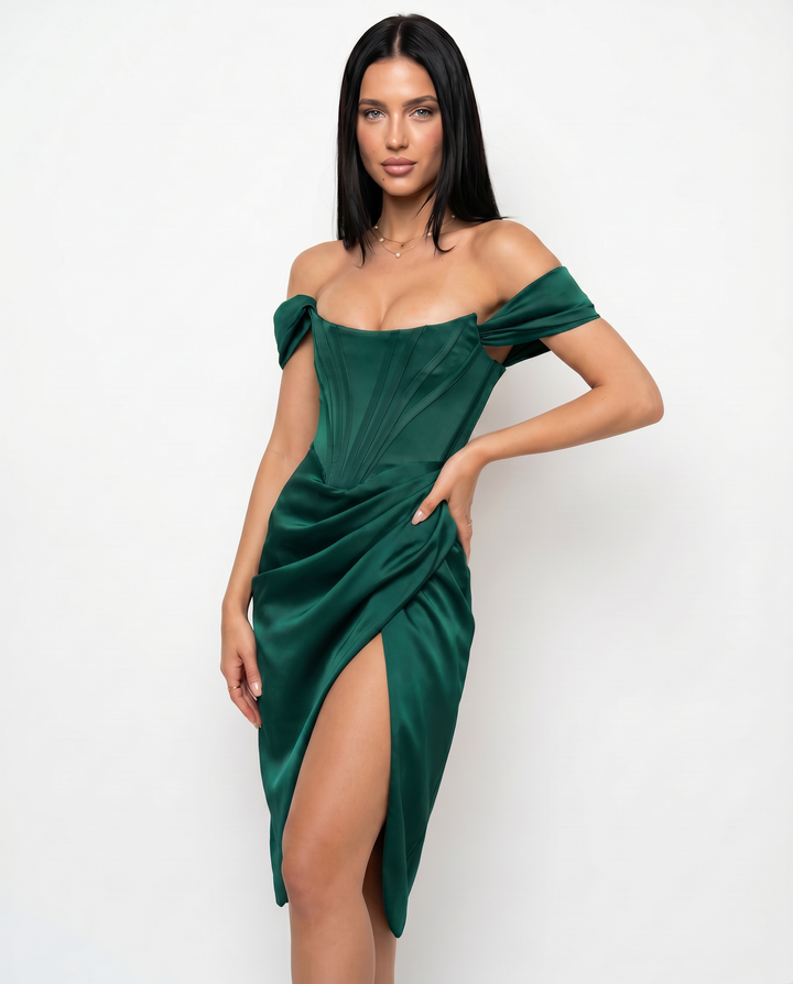 Doris | Midi Dress with Corset Bodice and Side Slit